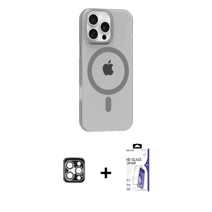 MARSİLYAN™- iPhone 16 Pro Max Kılıf Pusula Form Özel Seri - Siyah Bilvis 3X AR HD Cam Ekran Koruyucu + PVD Metal Kamera Lens - GS