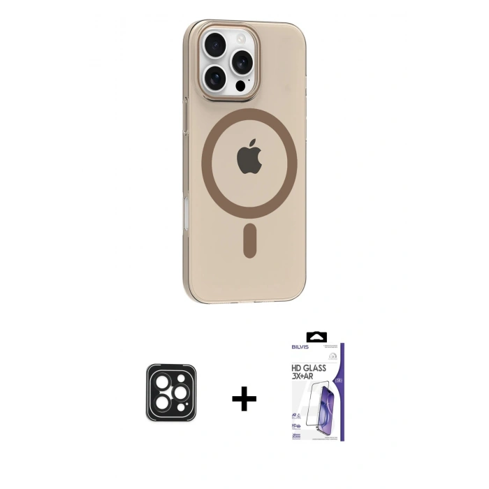 MARSİLYAN™- iPhone 16 Pro Max Kılıf Pusula Form Özel Seri - Siyah Bilvis 3X AR HD Cam Ekran Koruyucu + PVD Metal Kamera Lens - SH