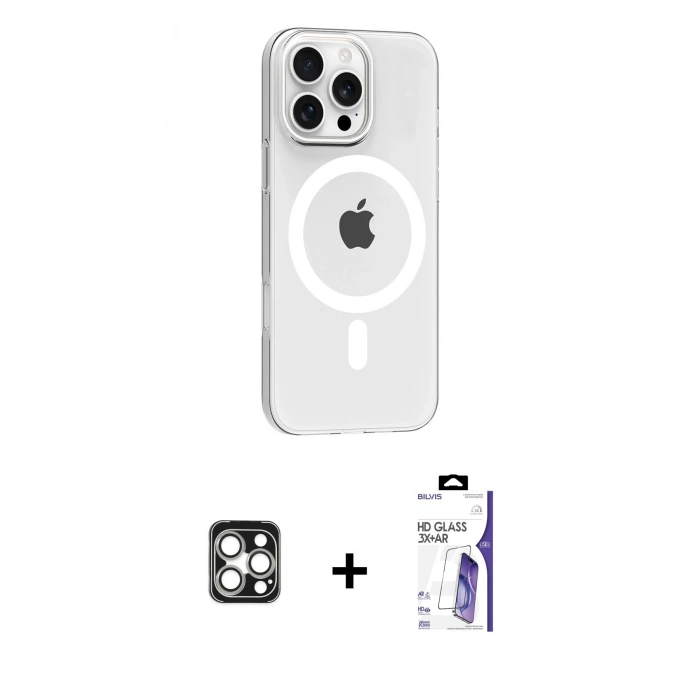 MARSİLYAN™- iPhone 16 Pro Max Kılıf Pusula Form Özel Seri - Siyah Bilvis 3X AR HD Cam Ekran Koruyucu + PVD Metal Kamera Lens - GS