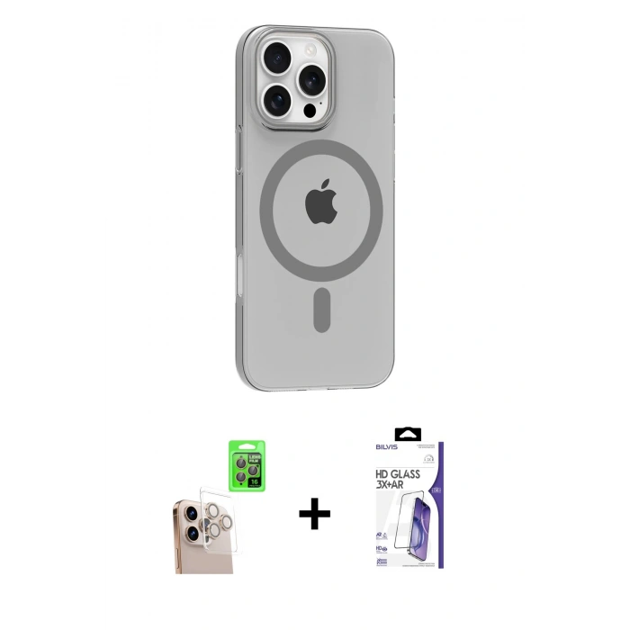 MARSİLYAN™- iPhone 16 Pro Max Kılıf Pusula Form Özel Seri - Siyah Bilvis 3X AR HD Cam Ekran Koruyucu + Raze Metal Kamera Lens - NLGY