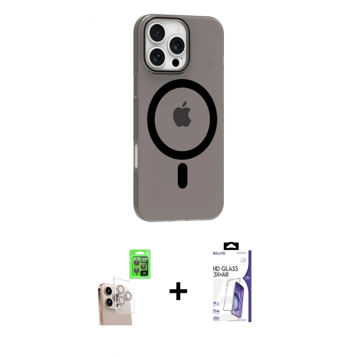 MARSİLYAN™- iPhone 16 Pro Max Kılıf Pusula Form Özel Seri - Siyah Bilvis 3X AR HD Cam Ekran Koruyucu + Raze Metal Kamera Lens - NLGY