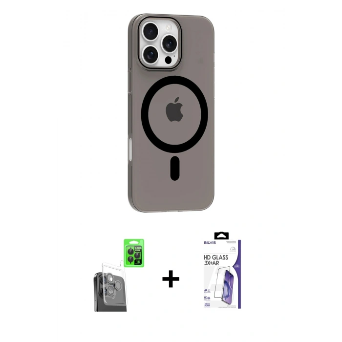 MARSİLYAN™- iPhone 16 Pro Max Kılıf Pusula Form Özel Seri - Siyah Bilvis 3X AR HD Cam Ekran Koruyucu + Raze Metal Kamera Lens - SH
