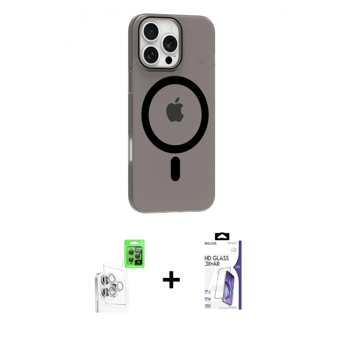 MARSİLYAN™- iPhone 16 Pro Max Kılıf Pusula Form Özel Seri - Siyah Bilvis 3X AR HD Cam Ekran Koruyucu + Raze Metal Kamera Lens - BZ