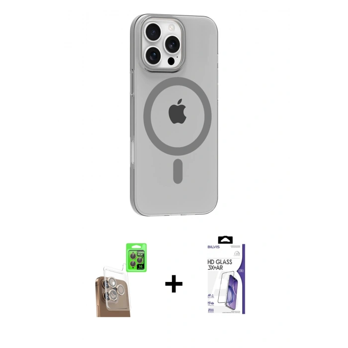 MARSİLYAN™- iPhone 16 Pro Max Kılıf Pusula Form Özel Seri - Siyah Bilvis 3X AR HD Cam Ekran Koruyucu + Raze Metal Kamera Lens - CLTM