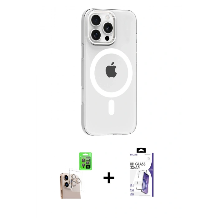 MARSİLYAN™- iPhone 16 Pro Max Kılıf Pusula Form Özel Seri - Siyah Bilvis 3X AR HD Cam Ekran Koruyucu + Raze Metal Kamera Lens - NLGY