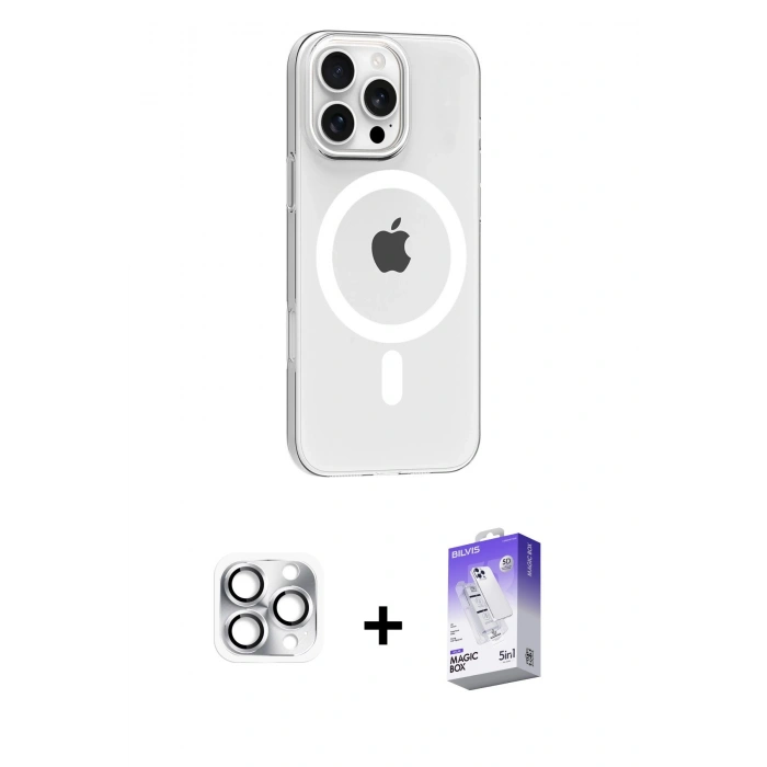 MARSİLYAN™- iPhone 16 Pro Max Kılıf Pusula Form Özel Seri - Siyah Bilvis 5in1 3D Magic Cam Ekran Koruyucu + Pers Alüminyum Kamera Lens - GS