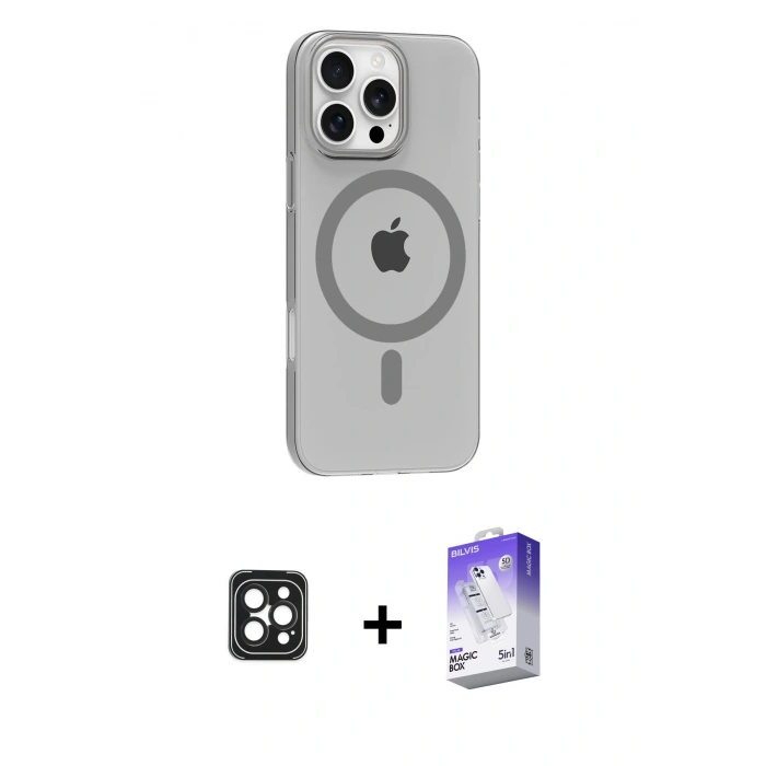 MARSİLYAN™- iPhone 16 Pro Max Kılıf Pusula Form Özel Seri - Siyah Bilvis 5in1 3D Magic Cam Ekran Koruyucu + PVD Metal Kamera Lens - SH