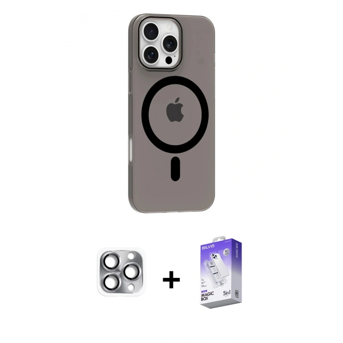 MARSİLYAN™- iPhone 16 Pro Max Kılıf Pusula Form Özel Seri - Siyah Bilvis 5in1 3D Magic Cam Ekran Koruyucu + Pers Alüminyum Kamera Lens - GI