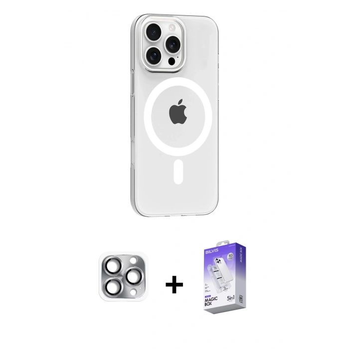 MARSİLYAN™- iPhone 16 Pro Max Kılıf Pusula Form Özel Seri - Siyah Bilvis 5in1 3D Magic Cam Ekran Koruyucu + Pers Alüminyum Kamera Lens - GI