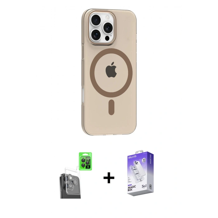 MARSİLYAN™- iPhone 16 Pro Max Kılıf Pusula Form Özel Seri - Siyah Bilvis 5in1 3D Magic Cam Ekran Koruyucu + Raze Metal Kamera Lens - SH