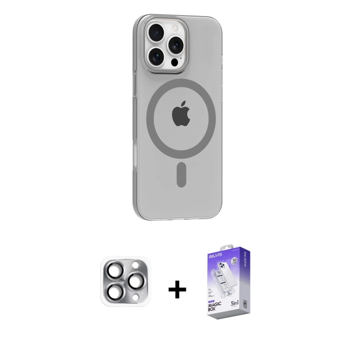 MARSİLYAN™- iPhone 16 Pro Max Kılıf Pusula Form Özel Seri - Siyah Bilvis 5in1 3D Magic Cam Ekran Koruyucu + Pers Alüminyum Kamera Lens - GI