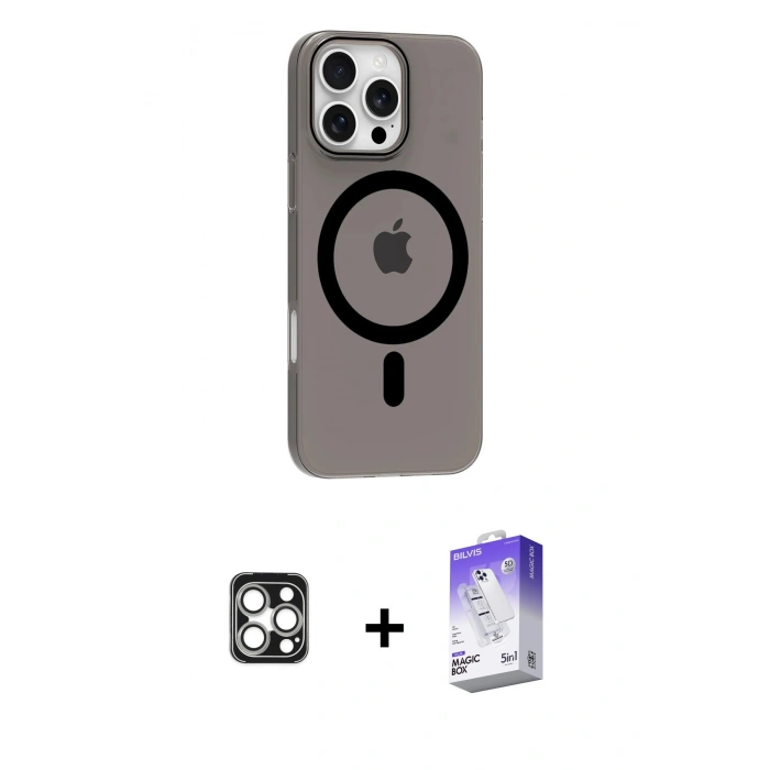 MARSİLYAN™- iPhone 16 Pro Max Kılıf Pusula Form Özel Seri - Siyah Bilvis 5in1 3D Magic Cam Ekran Koruyucu + PVD Metal Kamera Lens - GS