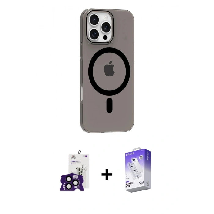 MARSİLYAN™- iPhone 16 Pro Max Kılıf Pusula Form Özel Seri - Siyah Bilvis 5in1 3D Magic Cam Ekran Koruyucu + Bilvis Titan Kamera Lens - SH