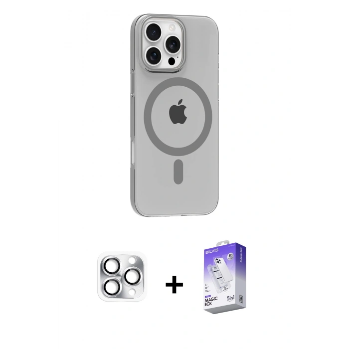 MARSİLYAN™- iPhone 16 Pro Max Kılıf Pusula Form Özel Seri - Siyah Bilvis 5in1 3D Magic Cam Ekran Koruyucu + Pers Alüminyum Kamera Lens - GS