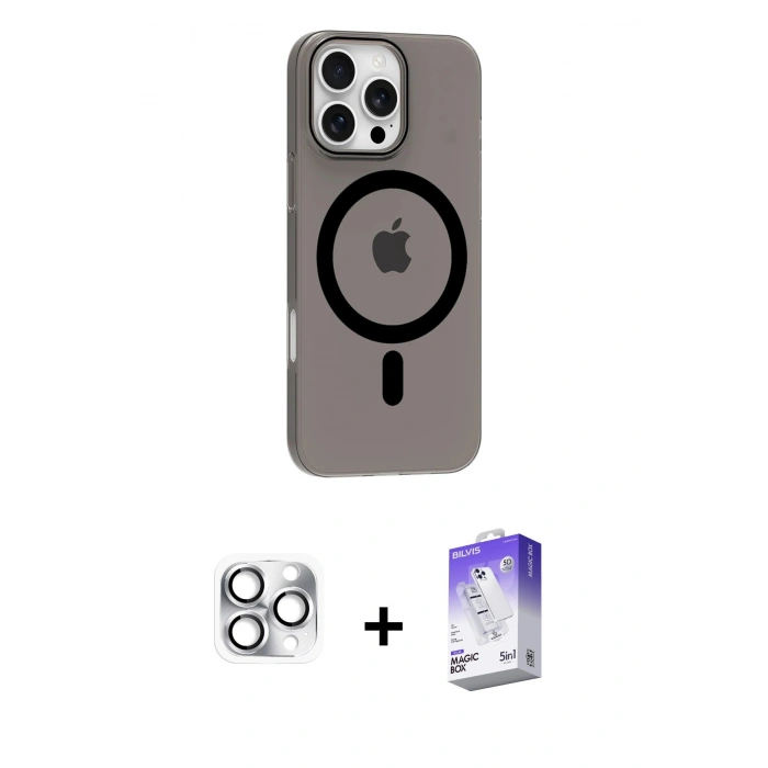 MARSİLYAN™- iPhone 16 Pro Max Kılıf Pusula Form Özel Seri - Siyah Bilvis 5in1 3D Magic Cam Ekran Koruyucu + Pers Alüminyum Kamera Lens - GS