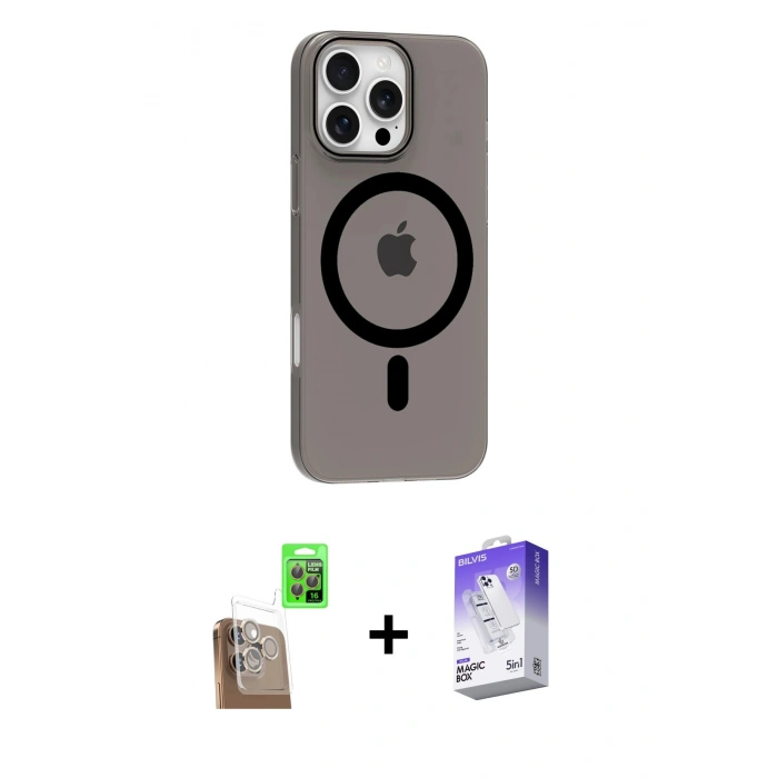 MARSİLYAN™- iPhone 16 Pro Max Kılıf Pusula Form Özel Seri - Siyah Bilvis 5in1 3D Magic Cam Ekran Koruyucu + Raze Metal Kamera Lens - CLTM