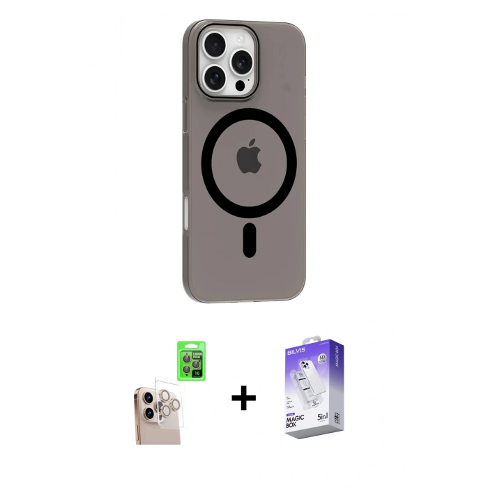 MARSİLYAN™- iPhone 16 Pro Max Kılıf Pusula Form Özel Seri - Siyah Bilvis 5in1 3D Magic Cam Ekran Koruyucu + Raze Metal Kamera Lens - NLGY