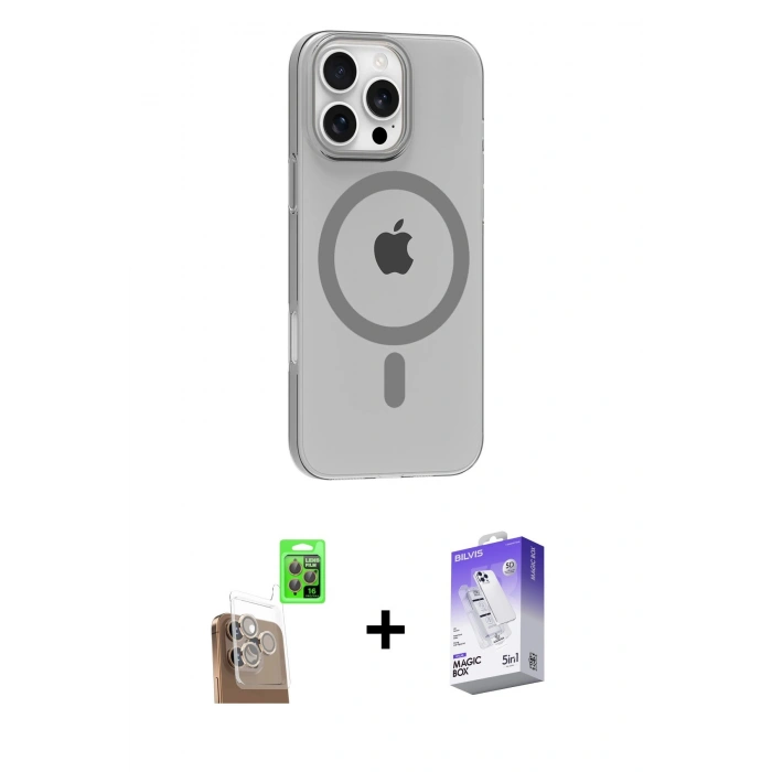 MARSİLYAN™- iPhone 16 Pro Max Kılıf Pusula Form Özel Seri - Siyah Bilvis 5in1 3D Magic Cam Ekran Koruyucu + Raze Metal Kamera Lens - CLTM