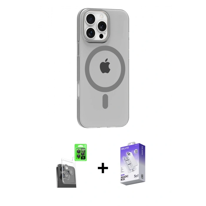 MARSİLYAN™- iPhone 16 Pro Max Kılıf Pusula Form Özel Seri - Siyah Bilvis 5in1 3D Magic Cam Ekran Koruyucu + Raze Metal Kamera Lens - SH