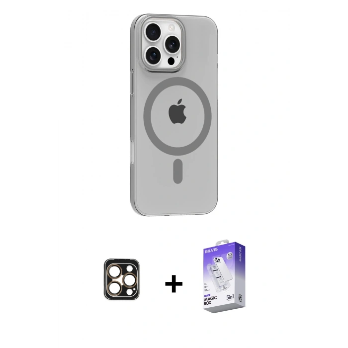 MARSİLYAN™- iPhone 16 Pro Max Kılıf Pusula Form Özel Seri - Siyah Bilvis 5in1 3D Magic Cam Ekran Koruyucu + PVD Metal Kamera Lens - GD