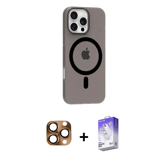 MARSİLYAN™- iPhone 16 Pro Max Kılıf Pusula Form Özel Seri - Siyah Bilvis 5in1 3D Magic Cam Ekran Koruyucu + Pers Alüminyum Kamera Lens - CLTM