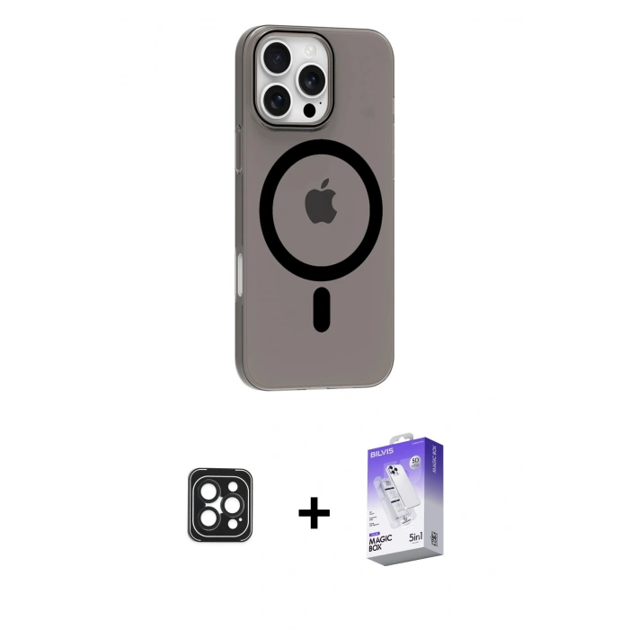 MARSİLYAN™- iPhone 16 Pro Max Kılıf Pusula Form Özel Seri - Siyah Bilvis 5in1 3D Magic Cam Ekran Koruyucu + PVD Metal Kamera Lens - SH
