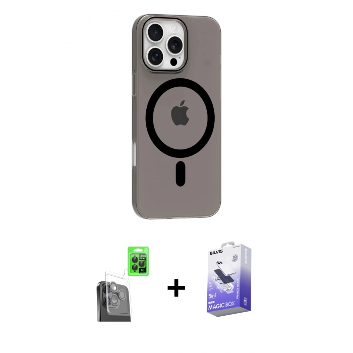MARSİLYAN™- iPhone 16 Pro Max Kılıf Pusula Form Özel Seri - Siyah Bilvis 5in1 5D Magic Hayalet Cam Ekran Koruyucu + Raze Metal Kamera Lens - SH