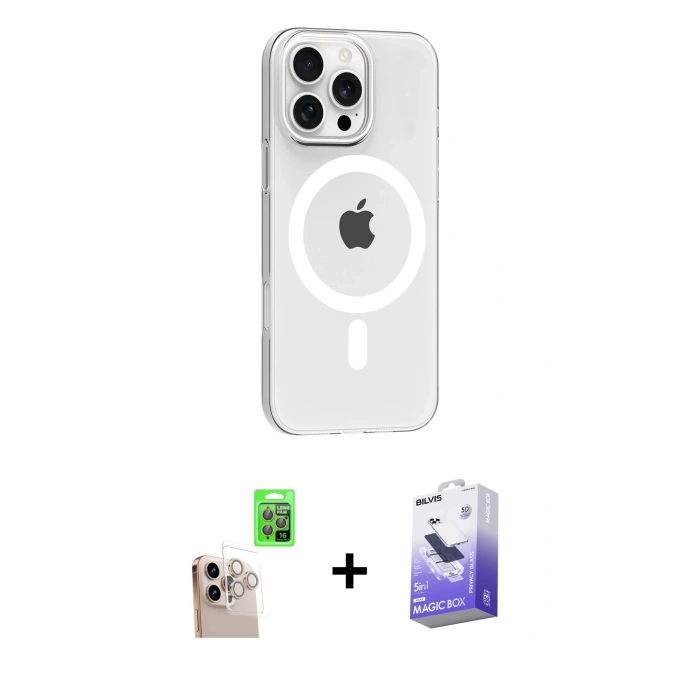 MARSİLYAN™- iPhone 16 Pro Max Kılıf Pusula Form Özel Seri - Siyah Bilvis 5in1 5D Magic Hayalet Cam Ekran Koruyucu + Raze Metal Kamera Lens - NLGY
