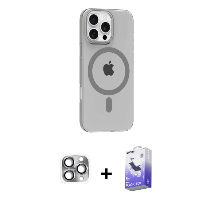 MARSİLYAN™- iPhone 16 Pro Max Kılıf Pusula Form Özel Seri - Siyah Bilvis 5in1 5D Magic Hayalet Cam Ekran Koruyucu + Pers Alüminyum Kamera Lens - GI