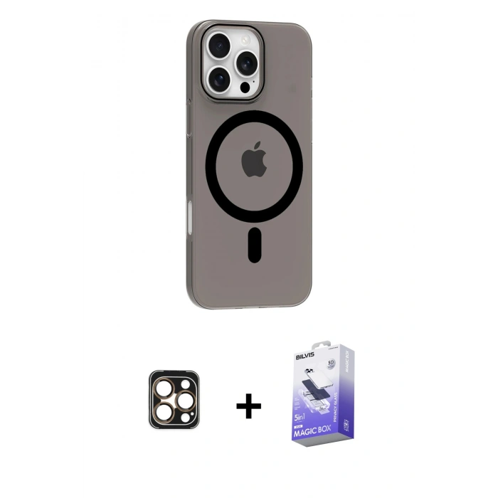 MARSİLYAN™- iPhone 16 Pro Max Kılıf Pusula Form Özel Seri - Siyah Bilvis 5in1 5D Magic Hayalet Cam Ekran Koruyucu + PVD Metal Kamera Lens - GD