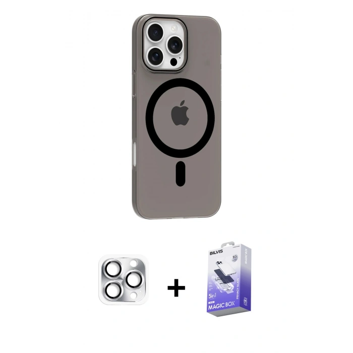 MARSİLYAN™- iPhone 16 Pro Max Kılıf Pusula Form Özel Seri - Siyah Bilvis 5in1 5D Magic Hayalet Cam Ekran Koruyucu + Pers Alüminyum Kamera Lens - GS