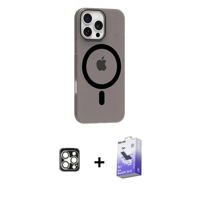 MARSİLYAN™- iPhone 16 Pro Max Kılıf Pusula Form Özel Seri - Siyah Bilvis 5in1 5D Magic Hayalet Cam Ekran Koruyucu + PVD Metal Kamera Lens - GS