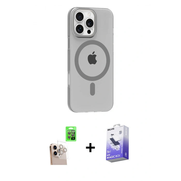 MARSİLYAN™- iPhone 16 Pro Max Kılıf Pusula Form Özel Seri - Siyah Bilvis 5in1 5D Magic Hayalet Cam Ekran Koruyucu + Raze Metal Kamera Lens - NLGY