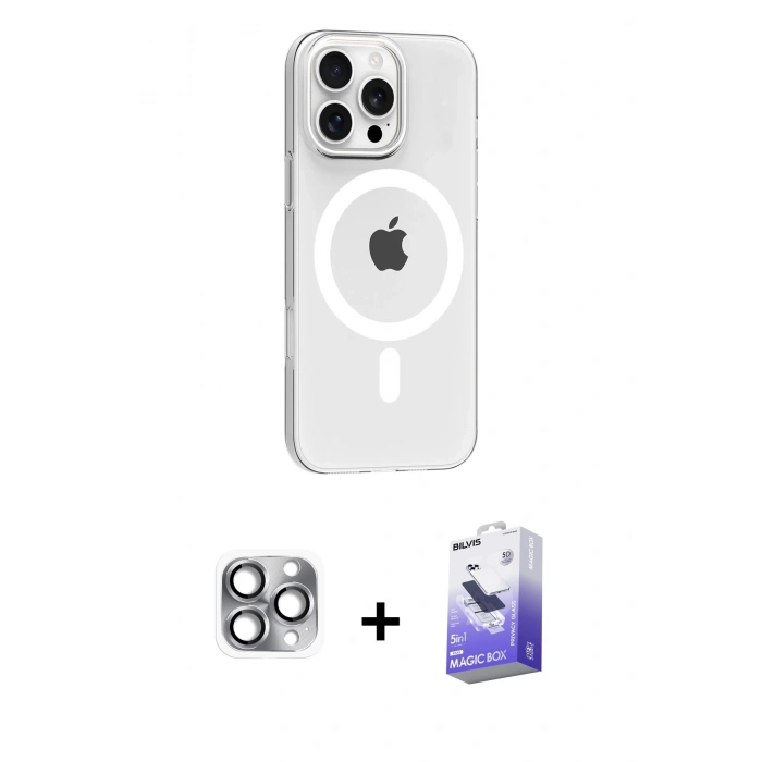 MARSİLYAN™- iPhone 16 Pro Max Kılıf Pusula Form Özel Seri - Siyah Bilvis 5in1 5D Magic Hayalet Cam Ekran Koruyucu + Pers Alüminyum Kamera Lens - GI