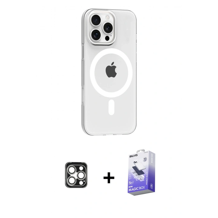 MARSİLYAN™- iPhone 16 Pro Max Kılıf Pusula Form Özel Seri - Siyah Bilvis 5in1 5D Magic Hayalet Cam Ekran Koruyucu + PVD Metal Kamera Lens - GS