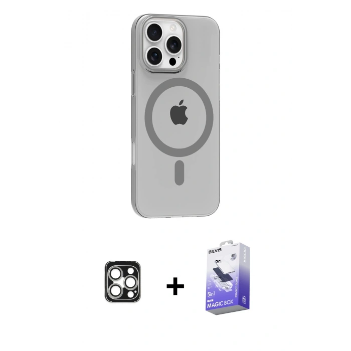 MARSİLYAN™- iPhone 16 Pro Max Kılıf Pusula Form Özel Seri - Siyah Bilvis 5in1 5D Magic Hayalet Cam Ekran Koruyucu + PVD Metal Kamera Lens - GS