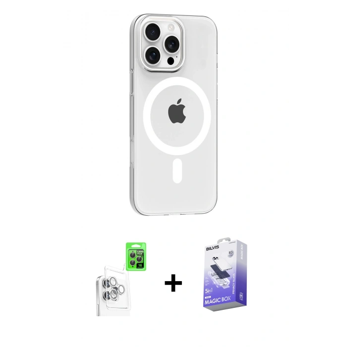 MARSİLYAN™- iPhone 16 Pro Max Kılıf Pusula Form Özel Seri - Siyah Bilvis 5in1 5D Magic Hayalet Cam Ekran Koruyucu + Raze Metal Kamera Lens - BZ