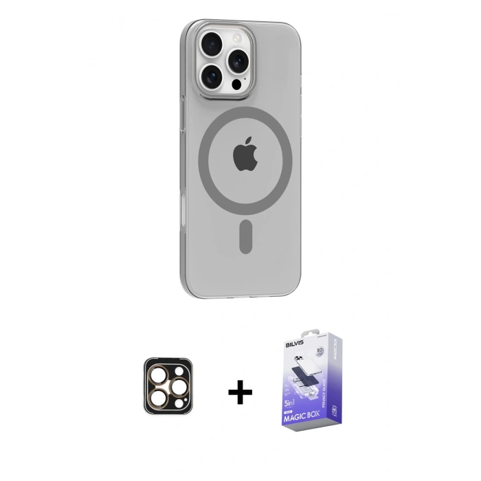 MARSİLYAN™- iPhone 16 Pro Max Kılıf Pusula Form Özel Seri - Siyah Bilvis 5in1 5D Magic Hayalet Cam Ekran Koruyucu + PVD Metal Kamera Lens - GD