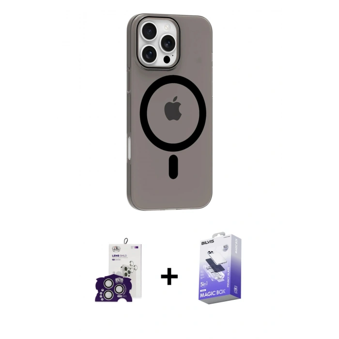 MARSİLYAN™- iPhone 16 Pro Max Kılıf Pusula Form Özel Seri - Siyah Bilvis 5in1 5D Magic Hayalet Cam Ekran Koruyucu + Bilvis Titan Kamera Lens - GS