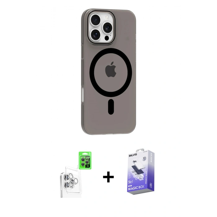 MARSİLYAN™- iPhone 16 Pro Max Kılıf Pusula Form Özel Seri - Siyah Bilvis 5in1 5D Magic Hayalet Cam Ekran Koruyucu + Raze Metal Kamera Lens - BZ