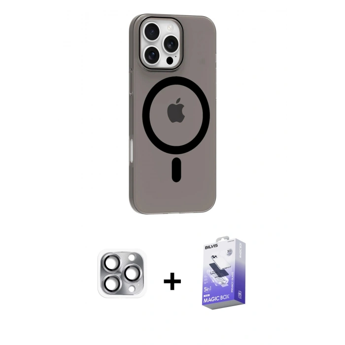 MARSİLYAN™- iPhone 16 Pro Max Kılıf Pusula Form Özel Seri - Siyah Bilvis 5in1 5D Magic Hayalet Cam Ekran Koruyucu + Pers Alüminyum Kamera Lens - GI