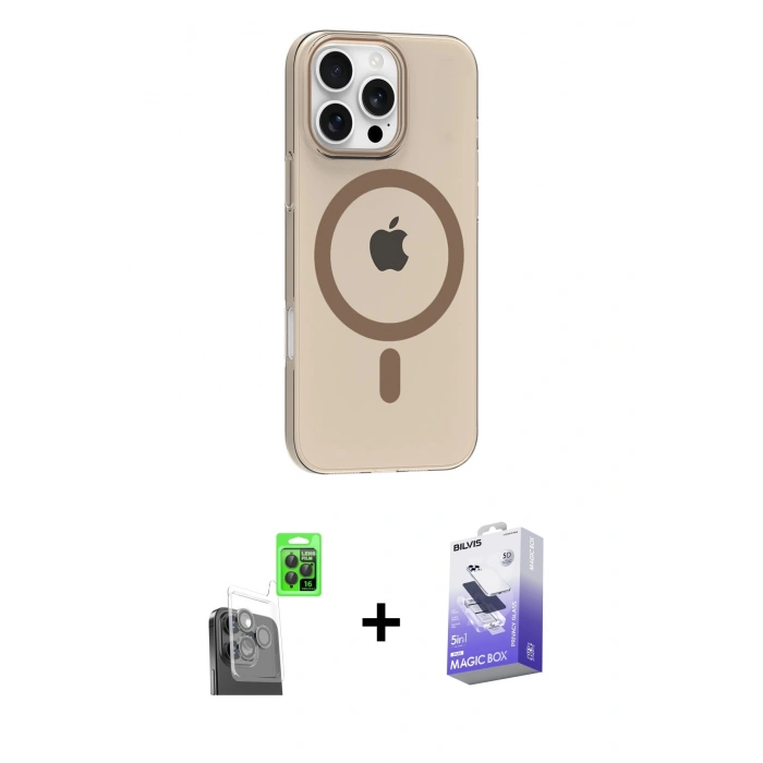 MARSİLYAN™- iPhone 16 Pro Max Kılıf Pusula Form Özel Seri - Siyah Bilvis 5in1 5D Magic Hayalet Cam Ekran Koruyucu + Raze Metal Kamera Lens - SH