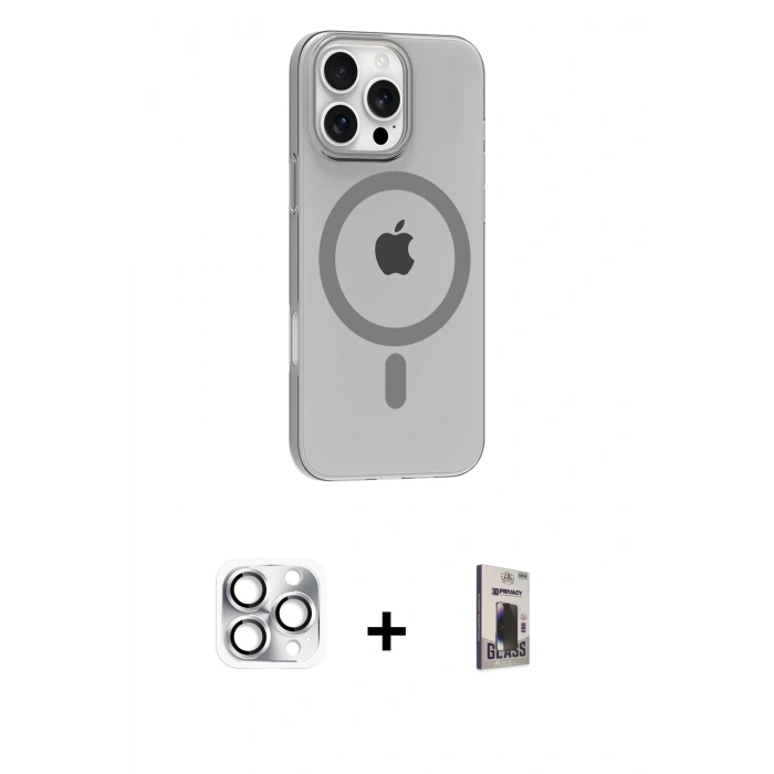MARSİLYAN™- iPhone 16 Pro Max Kılıf Pusula Form Özel Seri - Siyah Bilvis Hayalet Cam Ekran Koruyucu + Pers Alüminyum Kamera Lens - GS