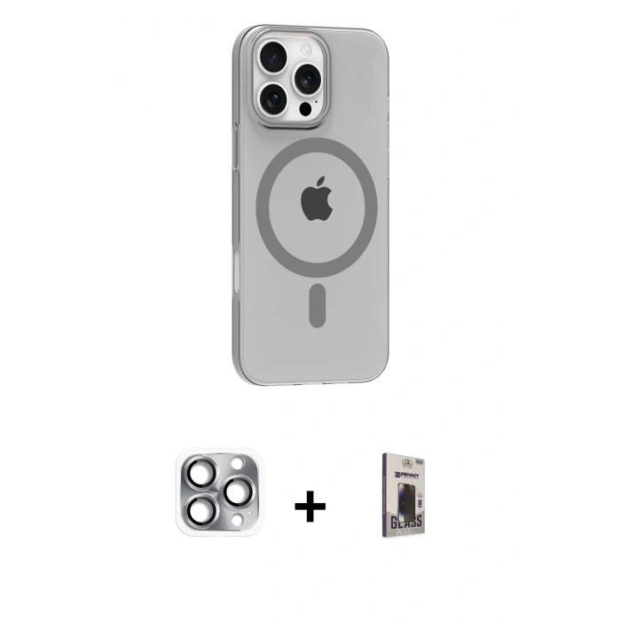 MARSİLYAN™- iPhone 16 Pro Max Kılıf Pusula Form Özel Seri - Siyah Bilvis Hayalet Cam Ekran Koruyucu + Pers Alüminyum Kamera Lens - GI