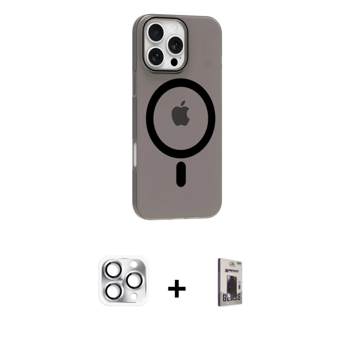 MARSİLYAN™- iPhone 16 Pro Max Kılıf Pusula Form Özel Seri - Siyah Bilvis Hayalet Cam Ekran Koruyucu + Pers Alüminyum Kamera Lens - GS