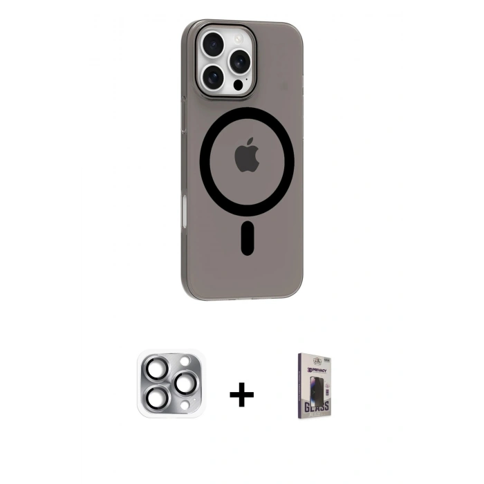 MARSİLYAN™- iPhone 16 Pro Max Kılıf Pusula Form Özel Seri - Siyah Bilvis Hayalet Cam Ekran Koruyucu + Pers Alüminyum Kamera Lens - GI