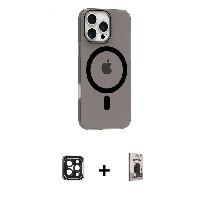 MARSİLYAN™- iPhone 16 Pro Max Kılıf Pusula Form Özel Seri - Siyah Bilvis Hayalet Cam Ekran Koruyucu + PVD Metal Kamera Lens - SH