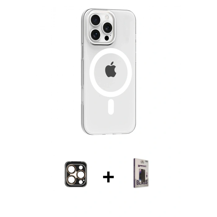 MARSİLYAN™- iPhone 16 Pro Max Kılıf Pusula Form Özel Seri - Siyah Bilvis Hayalet Cam Ekran Koruyucu + PVD Metal Kamera Lens - GD
