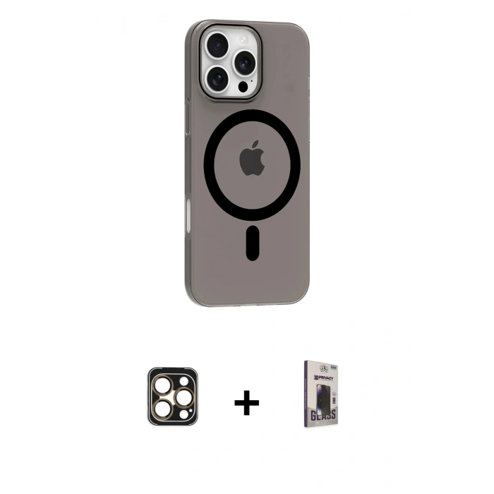 MARSİLYAN™- iPhone 16 Pro Max Kılıf Pusula Form Özel Seri - Siyah Bilvis Hayalet Cam Ekran Koruyucu + PVD Metal Kamera Lens - GD