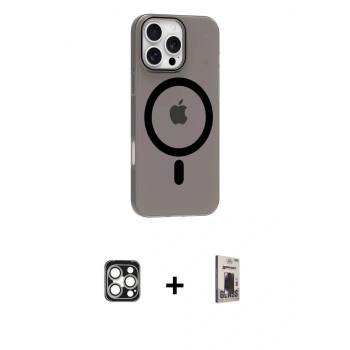 MARSİLYAN™- iPhone 16 Pro Max Kılıf Pusula Form Özel Seri - Siyah Bilvis Hayalet Cam Ekran Koruyucu + PVD Metal Kamera Lens - GS